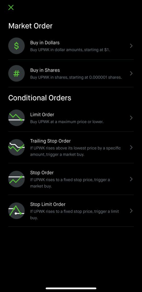 Robinhood Conditional Order - Trailing Stop Order step 1