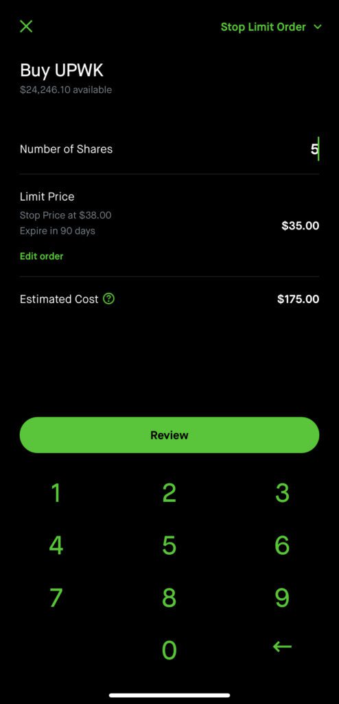 Robinhood Conditional Order - Stop Limit Order step 6