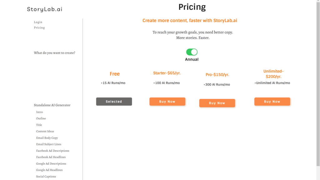 Storylab pricing plan